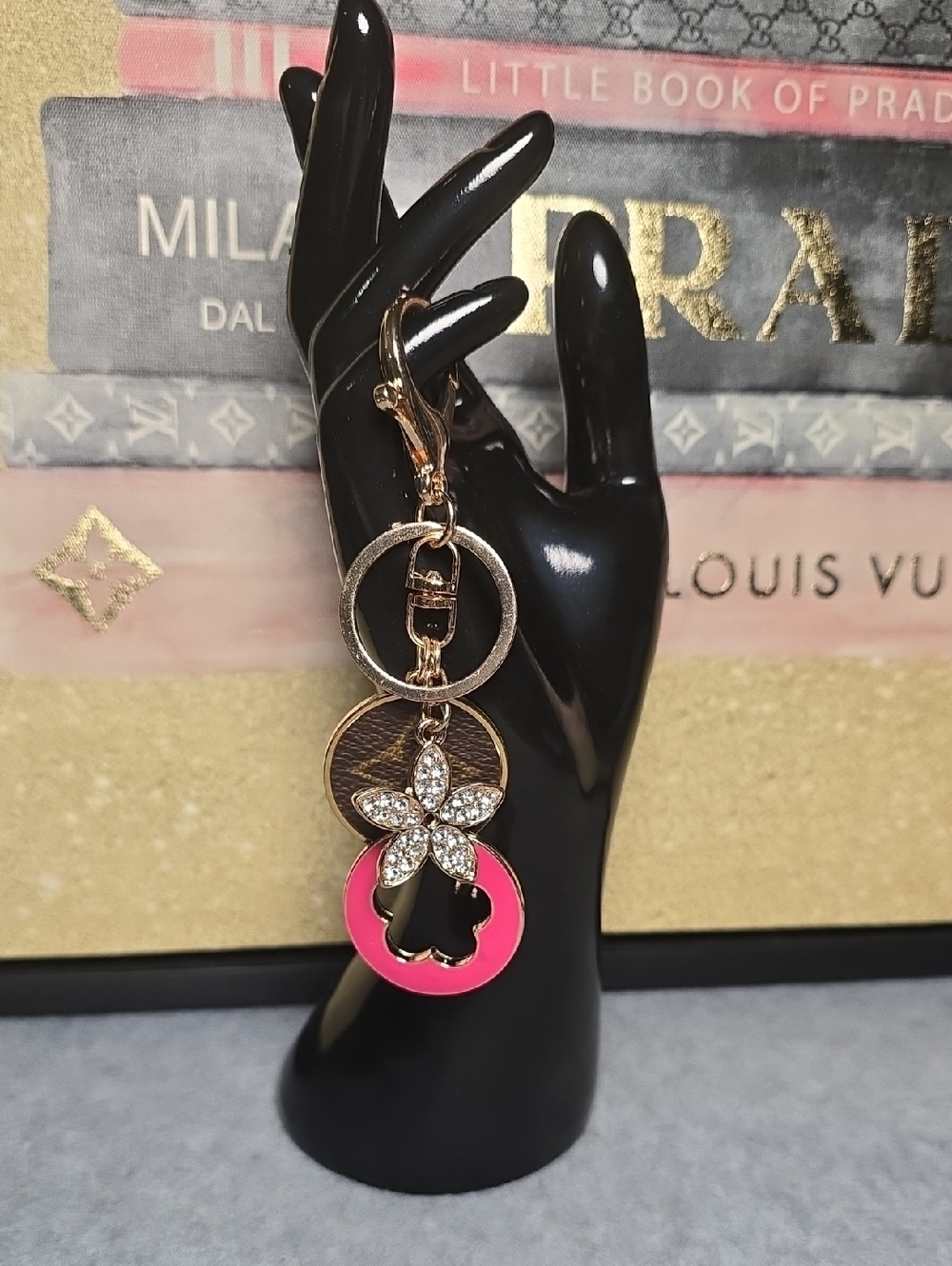Handmade Luxury-Inspired Pink & Brown Keychain Charm with Crystal Flower